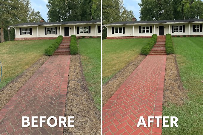 Red brick front walkway dull and darkened, then bright red after pressure washing