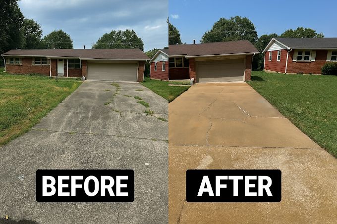 The same concrete driveway at a brick ranch home, grey and stained then clean tan after pressure washing
