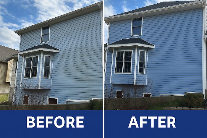 Two panels of the same blue two-story house, siding streaked and dirty in one and clean in the other