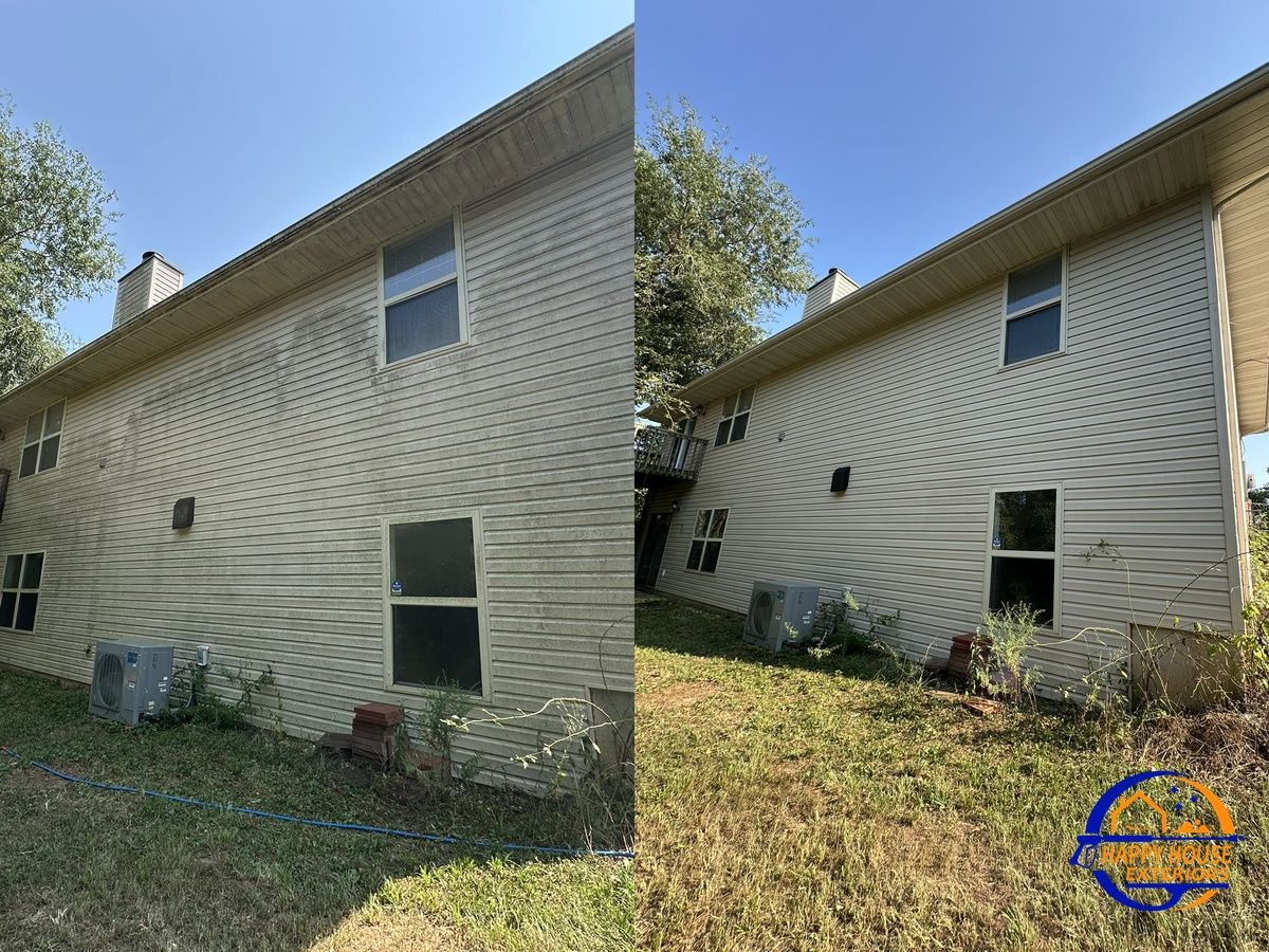 Two panels of the same two-story home, vinyl siding dulled by algae in one and clean in the other