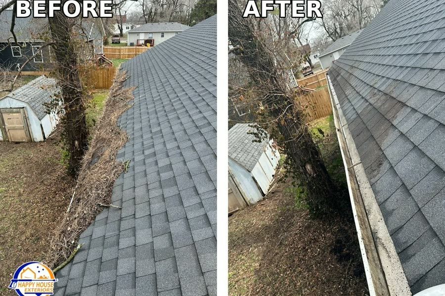 The same roof gutter packed with leaves and twigs, then cleared, in Springfield MO