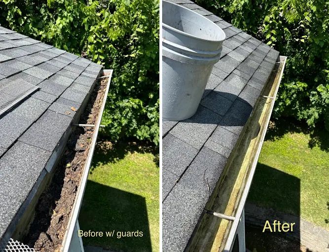Gutter fitted with guards packed with grit, then cleared