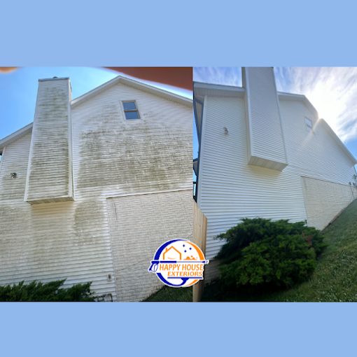 Two views of a home's cream siding and chimney, streaked with green algae in one and clean in the other
