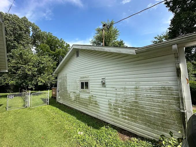 Green algae streaking the siding on the side of a single-story home in Springfield, MO
